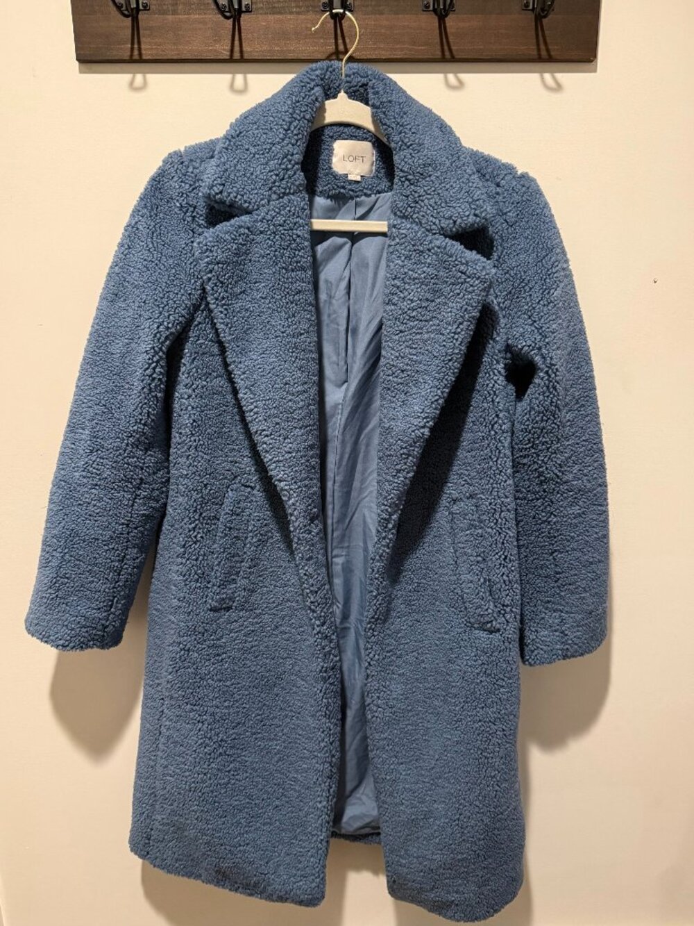 LOFT Light Blue Plush Teddy Coat XS - Notch Lapel, Faux Shearling